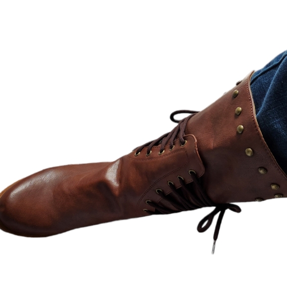 Women Brown Tan Leather Strappy Tie Back Zipper Studded Winter Boot/CN 38/US 7 - Picture 10 of 16